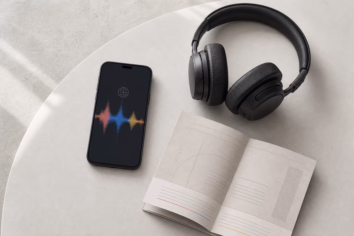 A phone with an audio waveform, headphones and a printed programme.